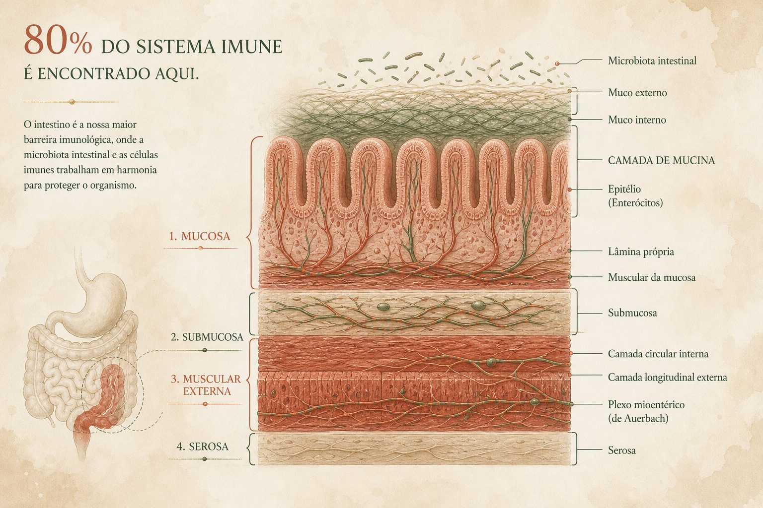 Schéma anatomique de l'intestin — couches : muqueuse, sous-muqueuse, musculeuse externe et séreuse, avec le microbiote intestinal et le mucus protégeant l'épithélium. 80% du système immunitaire se trouve ici.