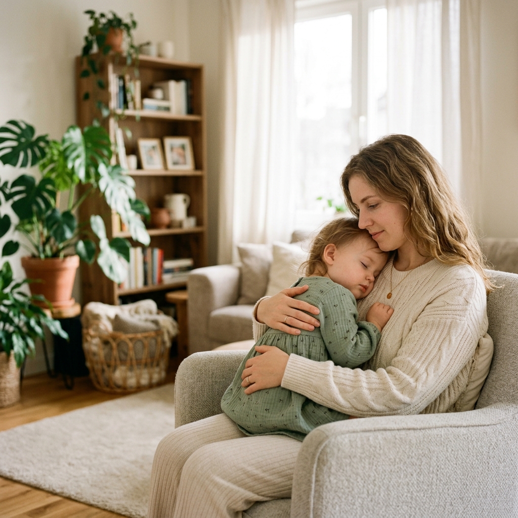Mère réconfortant son enfant dans un moment de soin